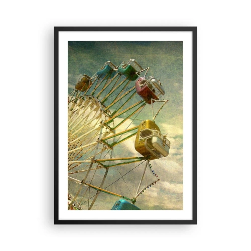 Poster în ramă neagră - Roată retro Ferris cu nori în fundal în stil vintage - 50x70cm - Hai la distracție… - Decorațiune modernă pentru perete pentru living și dormitor ARTTOR