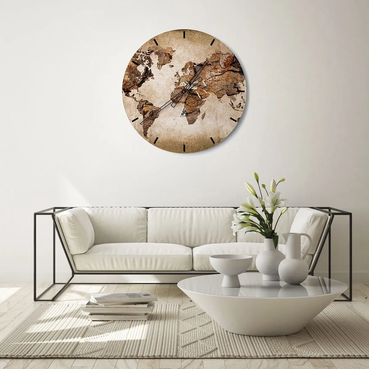 Ceas de perete - Ceas pe sticlă - Cadran de ceas cu motiv de hartă a lumii în stil rustic - 30x30cm - Descoperirea lumii - Decorațiune modernă pentru perete pentru living, bucătărie și dormitor ARTTOR