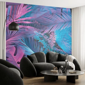Tapet Premium Canvas - Palmieri în alb și albastru - Abstracția, Frunze, Planta tropicala - 100x70 cm