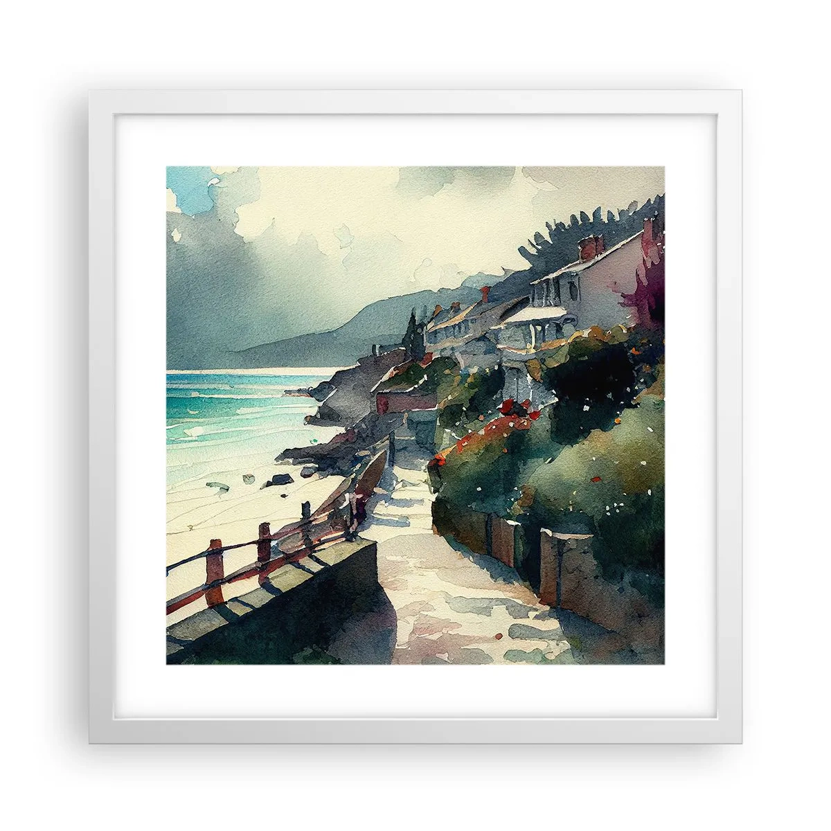 Poster în ramă albă - Orășel mediteraneean - 40x40 cm