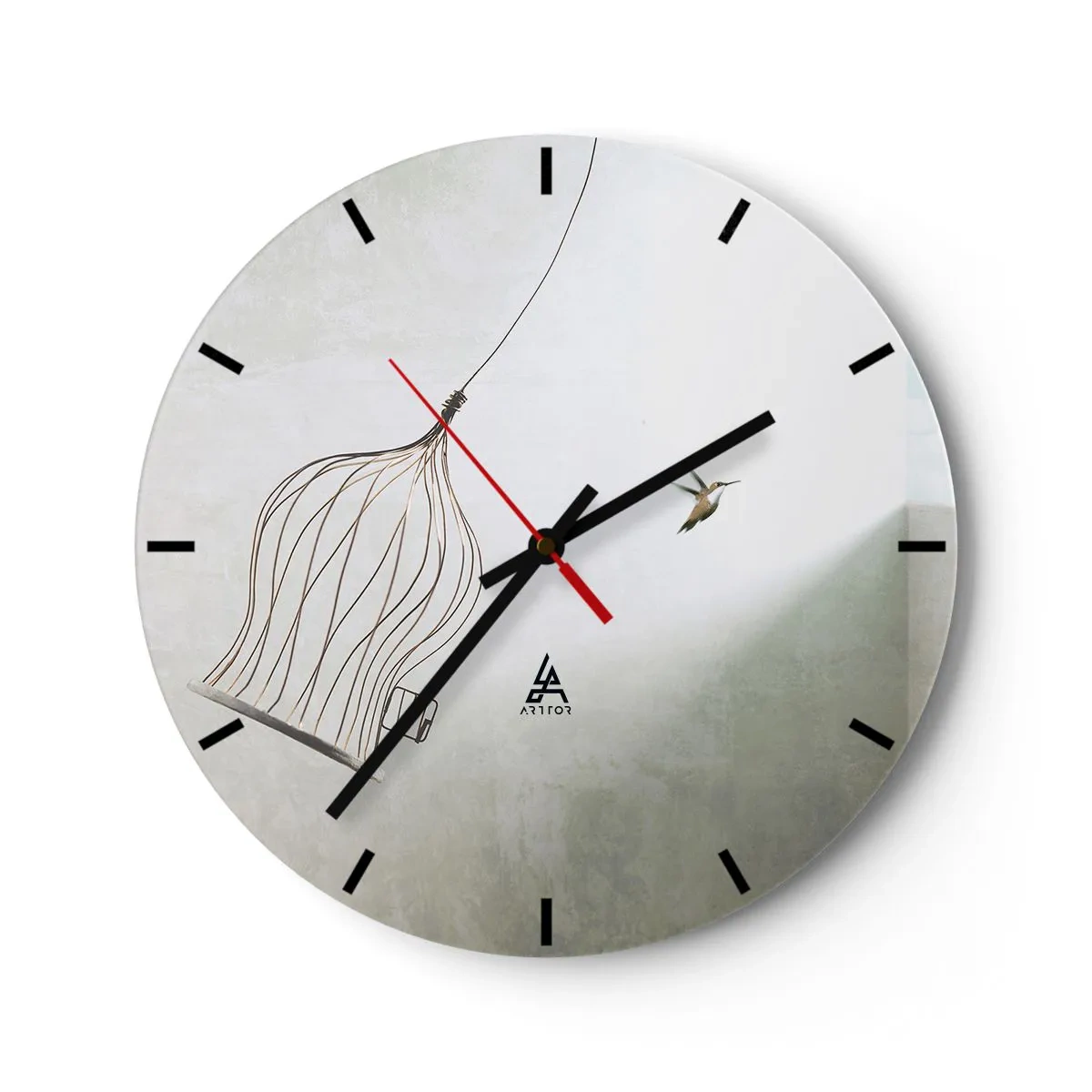 Ceas de perete - Ceas pe sticlă - O pasăre care își părăsește colivia pe un fundal luminos - 30x30cm - Eliberat - Decorațiune modernă pentru perete pentru living, bucătărie și dormitor ARTTOR