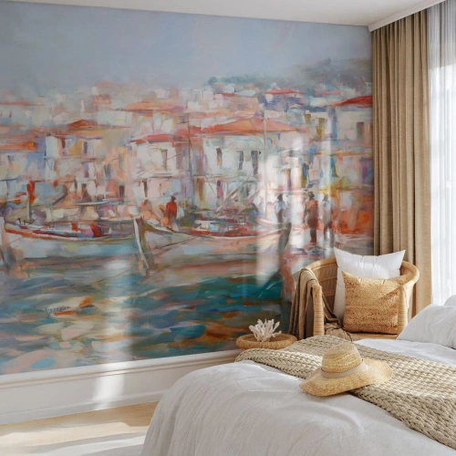 Tapet Standard Eco - Un port în culori pastelate, cu bărci și clădiri pe malul apei - 100x70cm - Vacanță pastelată - Decorațiune modernă pentru perete pentru living și dormitor ARTTOR