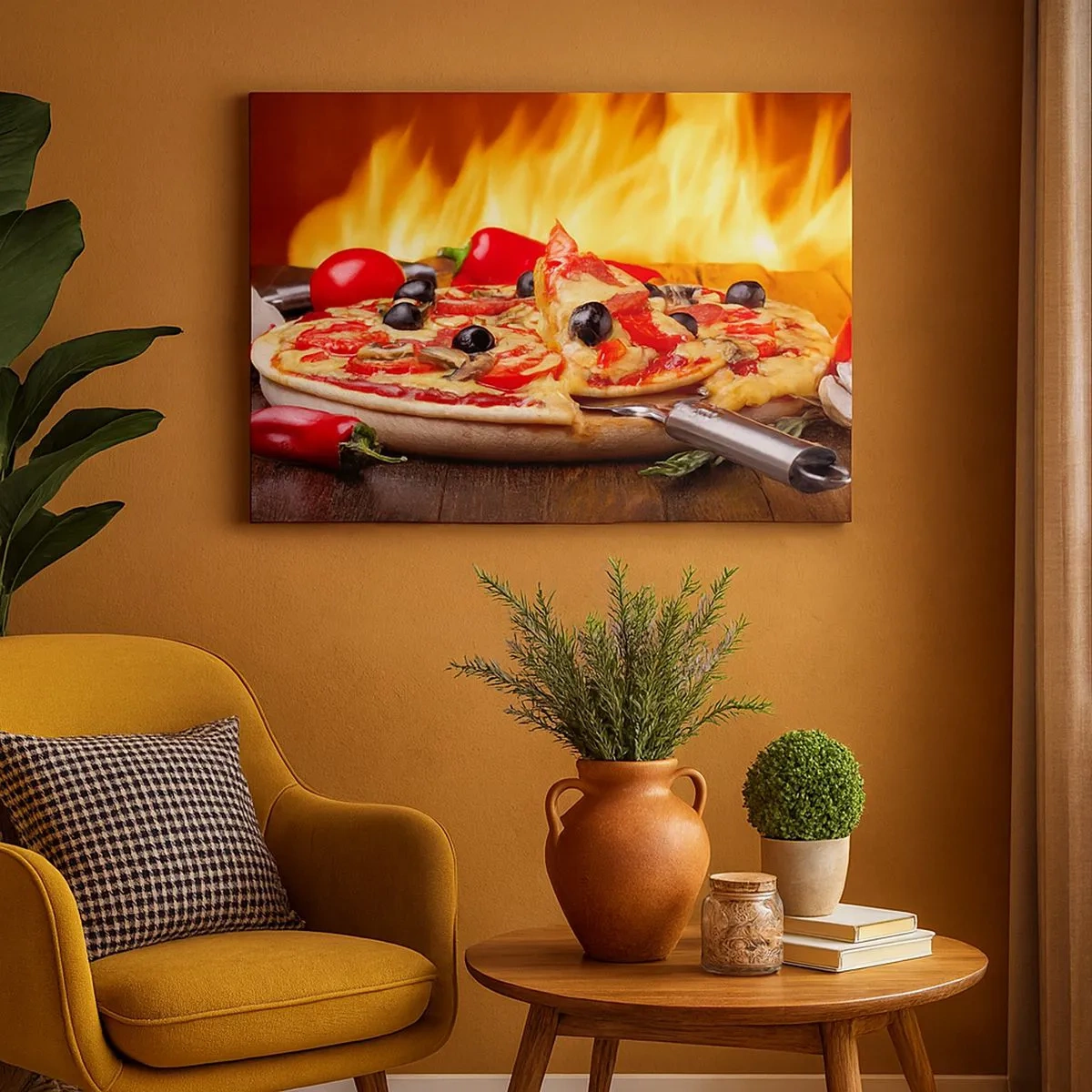 Tablou pe pânză Canvas - Pizza cu măsline, roșii și ardei pe un fundal de flăcări - 70x50cm - From Italy with love - Decorațiune modernă pentru perete pentru living și dormitor ARTTOR
