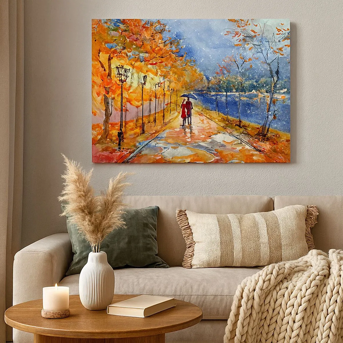 Tablou pe pânză Canvas - O plimbare de toamnă în parc, pe malul râului, sub o umbrelă - 70x50cm - Împreună până la limita de timp - Decorațiune modernă pentru perete pentru living și dormitor ARTTOR
