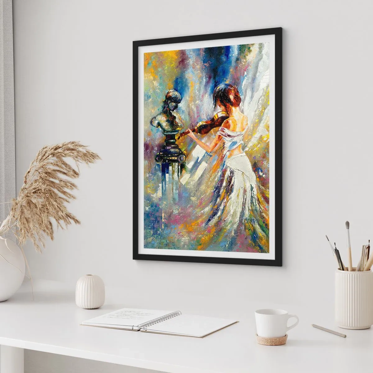 Poster în ramă neagră - Scenă abstractă cu o femeie care cântă la vioară - 50x70cm - Revigorați de sentimente - Decorațiune modernă pentru perete pentru living și dormitor ARTTOR