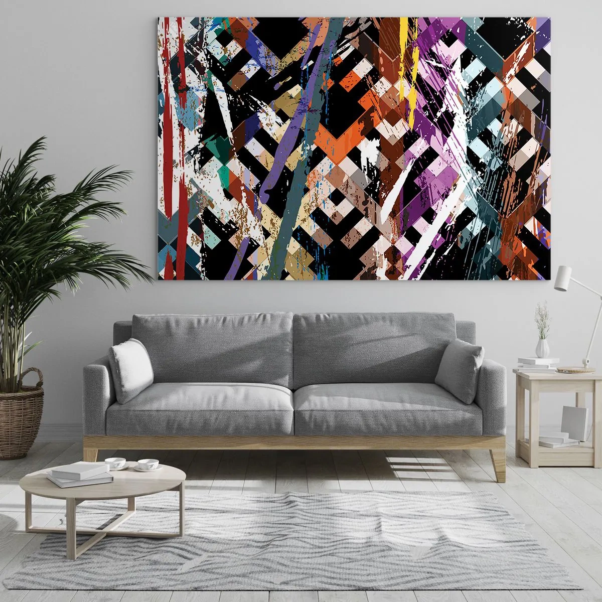 Tablou pe sticlă - O compoziție abstractă cu modele geometrice și culori intense. - 70x50cm - La pătrat - Decorațiune modernă pentru perete pentru living și dormitor ARTTOR
