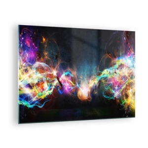 Tablou pe sticlă - Lumini abstracte și energie colorată într-un stil futurist - 70x50cm - Cu bucurie împotriva întunericului - Decorațiune modernă pentru perete pentru living și dormitor ARTTOR