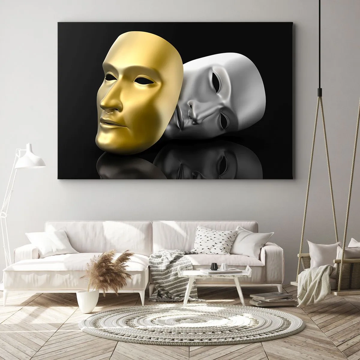 Tablou pe pânză Canvas - Mască de aur și argint pe fundal negru - 70x50cm - Viața este teatru - Decorațiune modernă pentru perete pentru living și dormitor ARTTOR