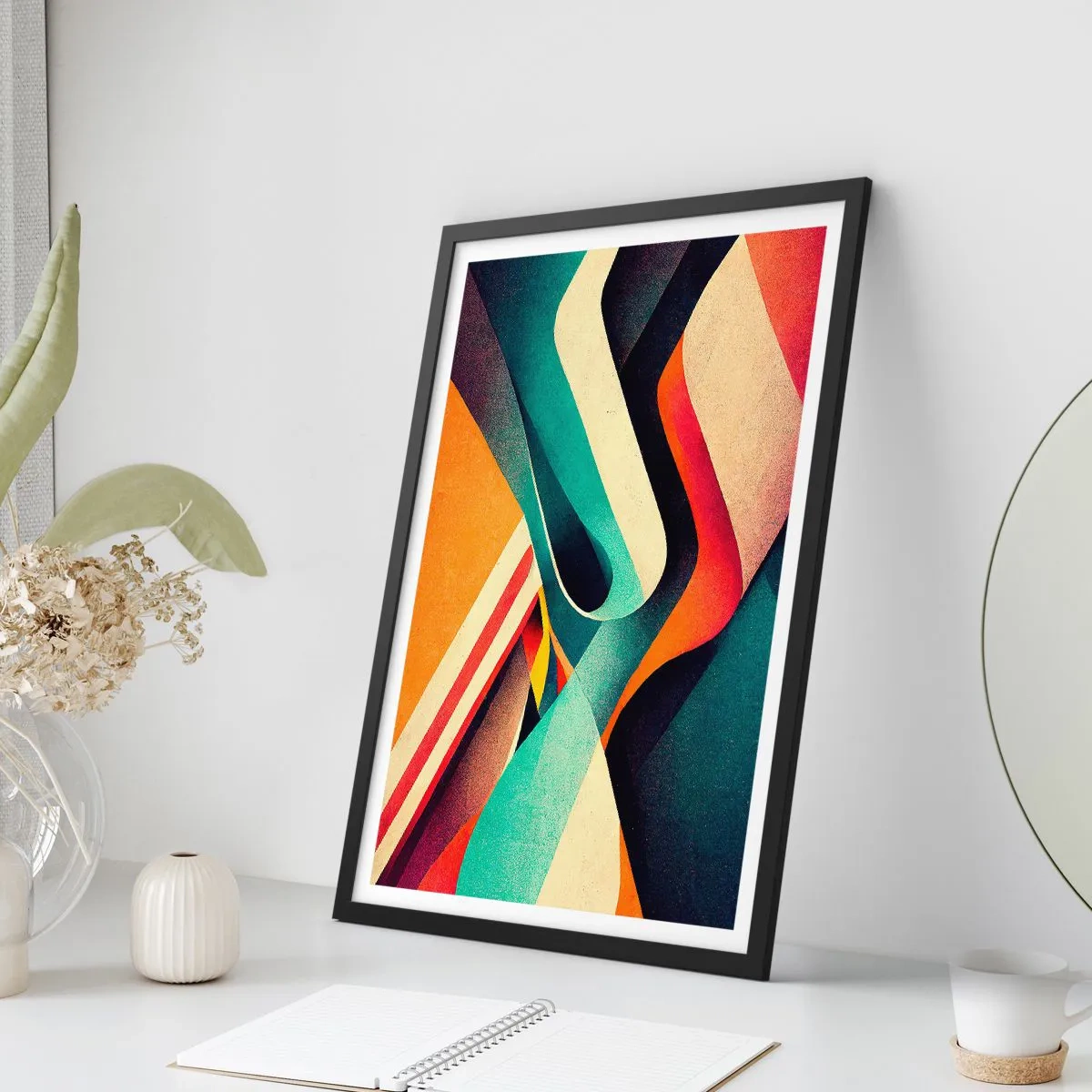 Poster în ramă neagră - Valuri abstracte în culori retro vibrante - 50x70cm - Compoziție intensă - Decorațiune modernă pentru perete pentru living și dormitor ARTTOR