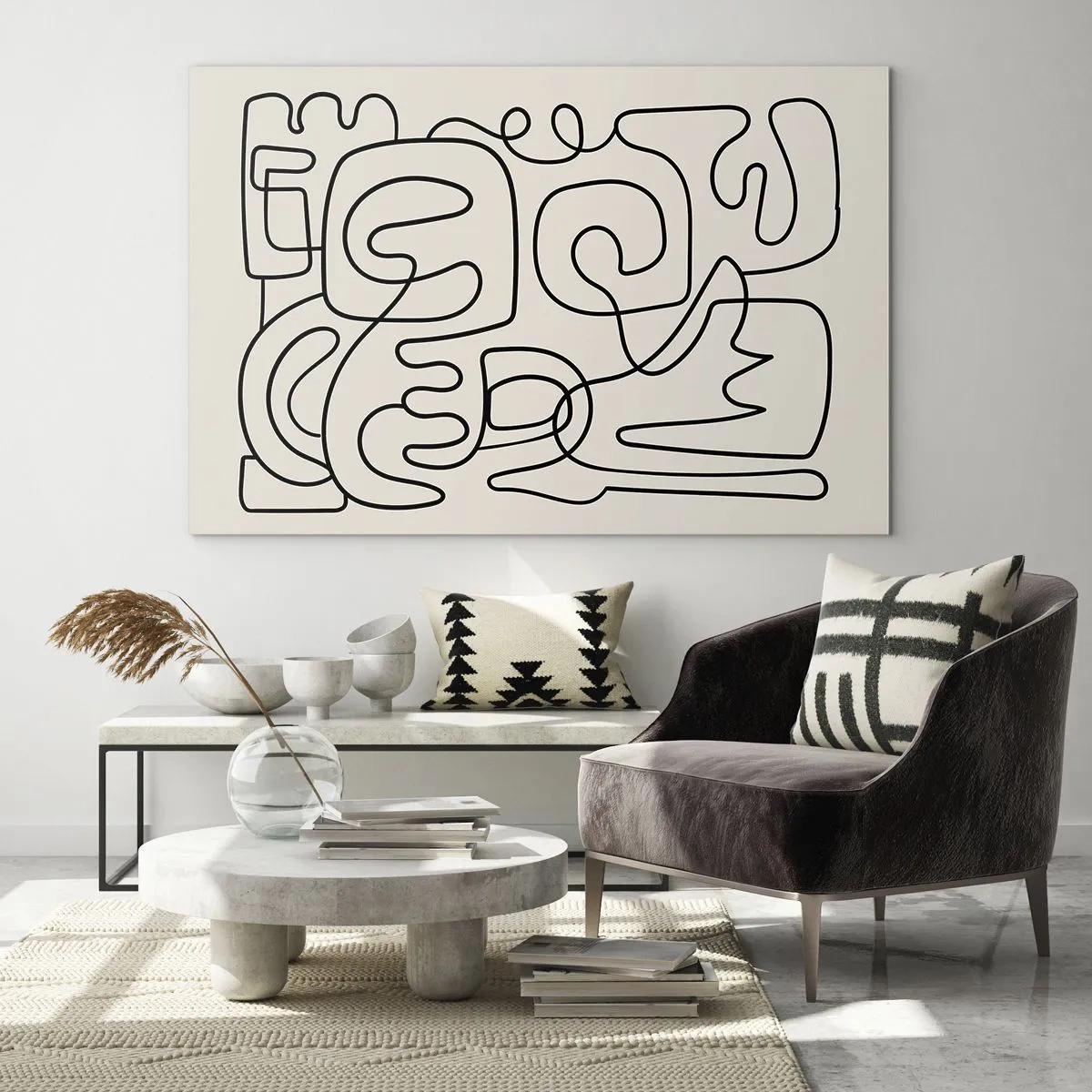 Tablou pe sticlă - Linii abstracte negre formează un model complex pe bej - 70x50cm - Pe traseu - Decorațiune modernă pentru perete pentru living și dormitor ARTTOR