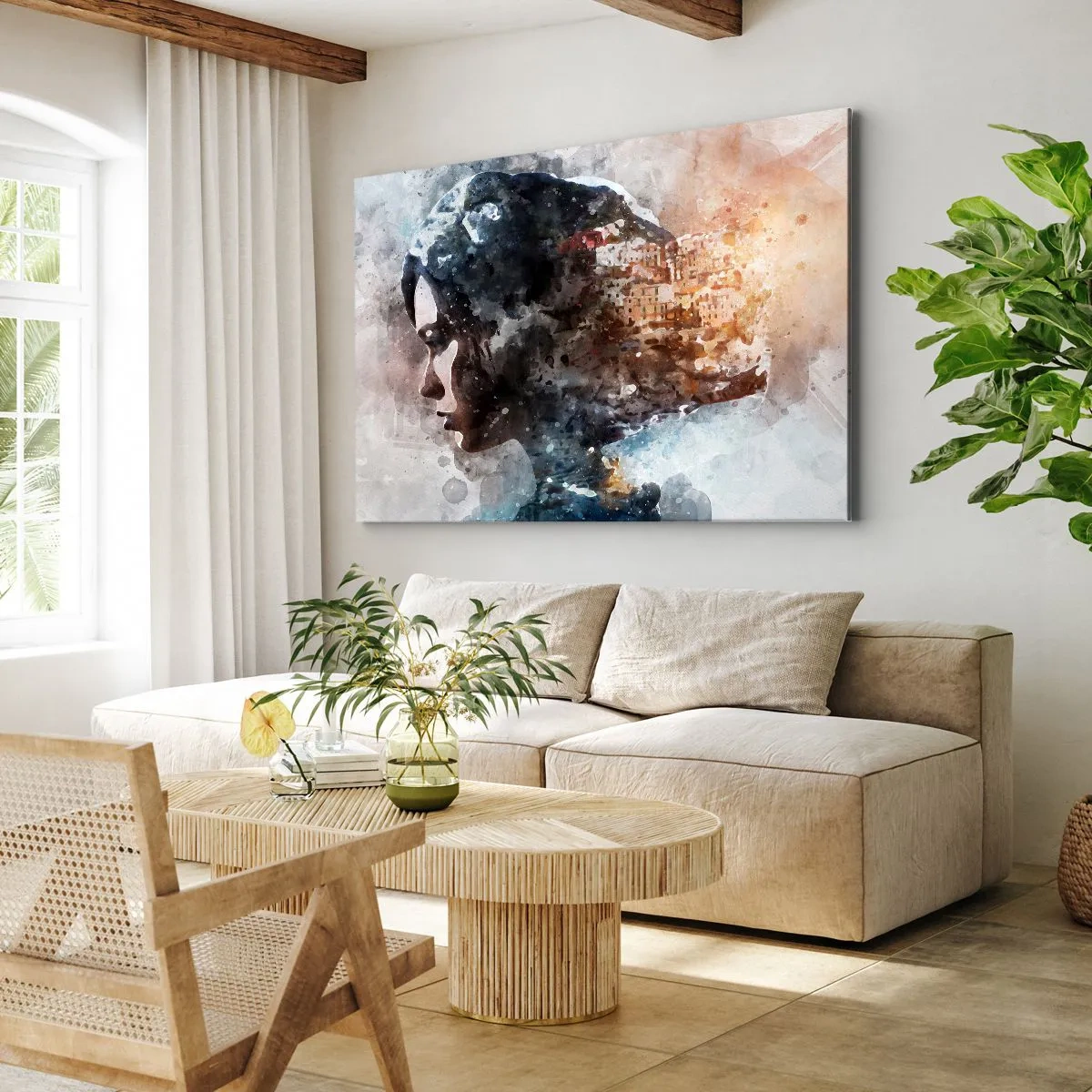 Tablou pe pânză Canvas - Portretul unei femei care își combină chipul cu un peisaj urban în fundal - 70x50cm - Povestea unei fete cu un oraș în fundal - Decorațiune modernă pentru perete pentru living și dormitor ARTTOR