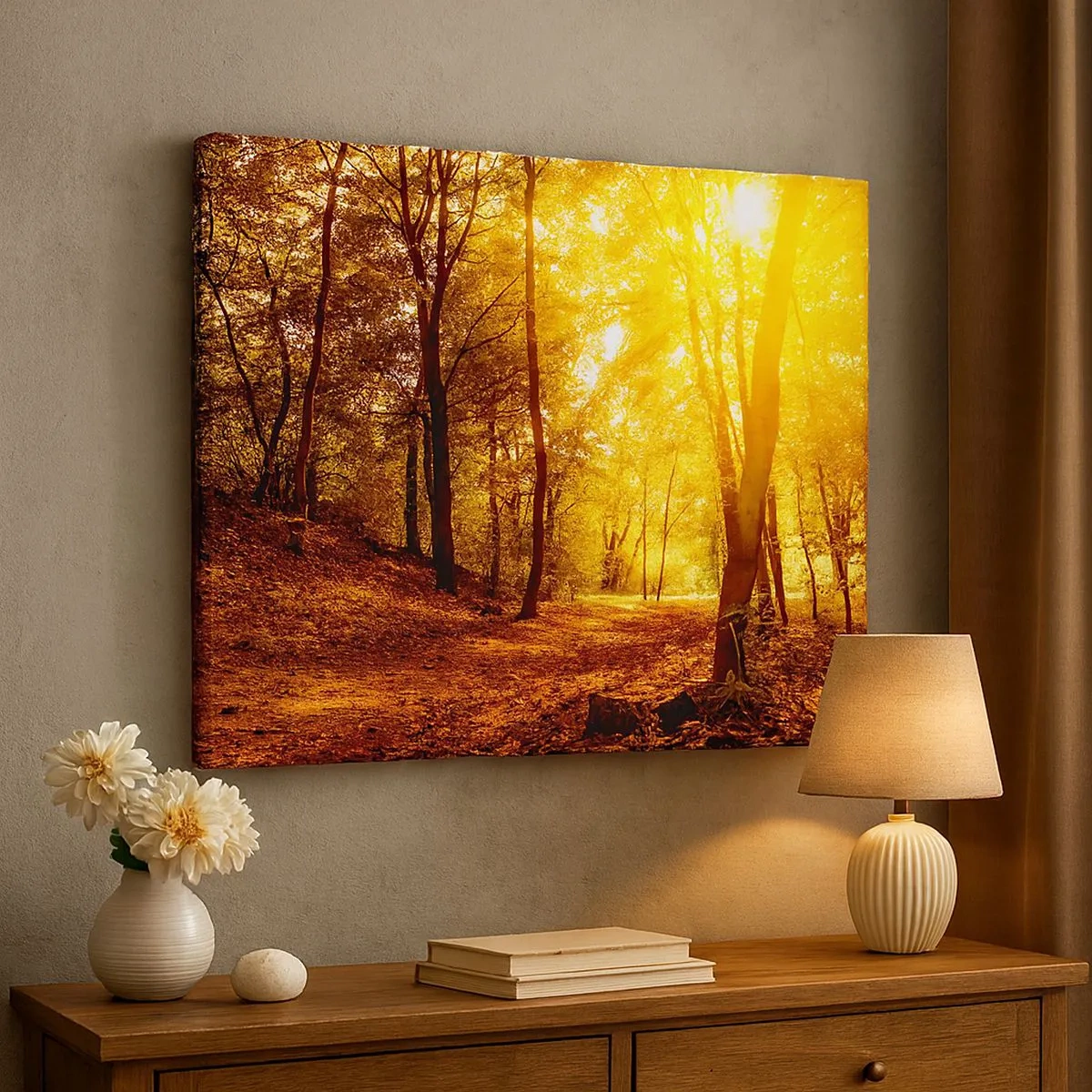 Tablou pe pânză Canvas - Poiana de toamnă în lumina aurie a soarelui cu o potecă de pădure - 70x50cm - Spre o poiană de aur - Decorațiune modernă pentru perete pentru living și dormitor ARTTOR