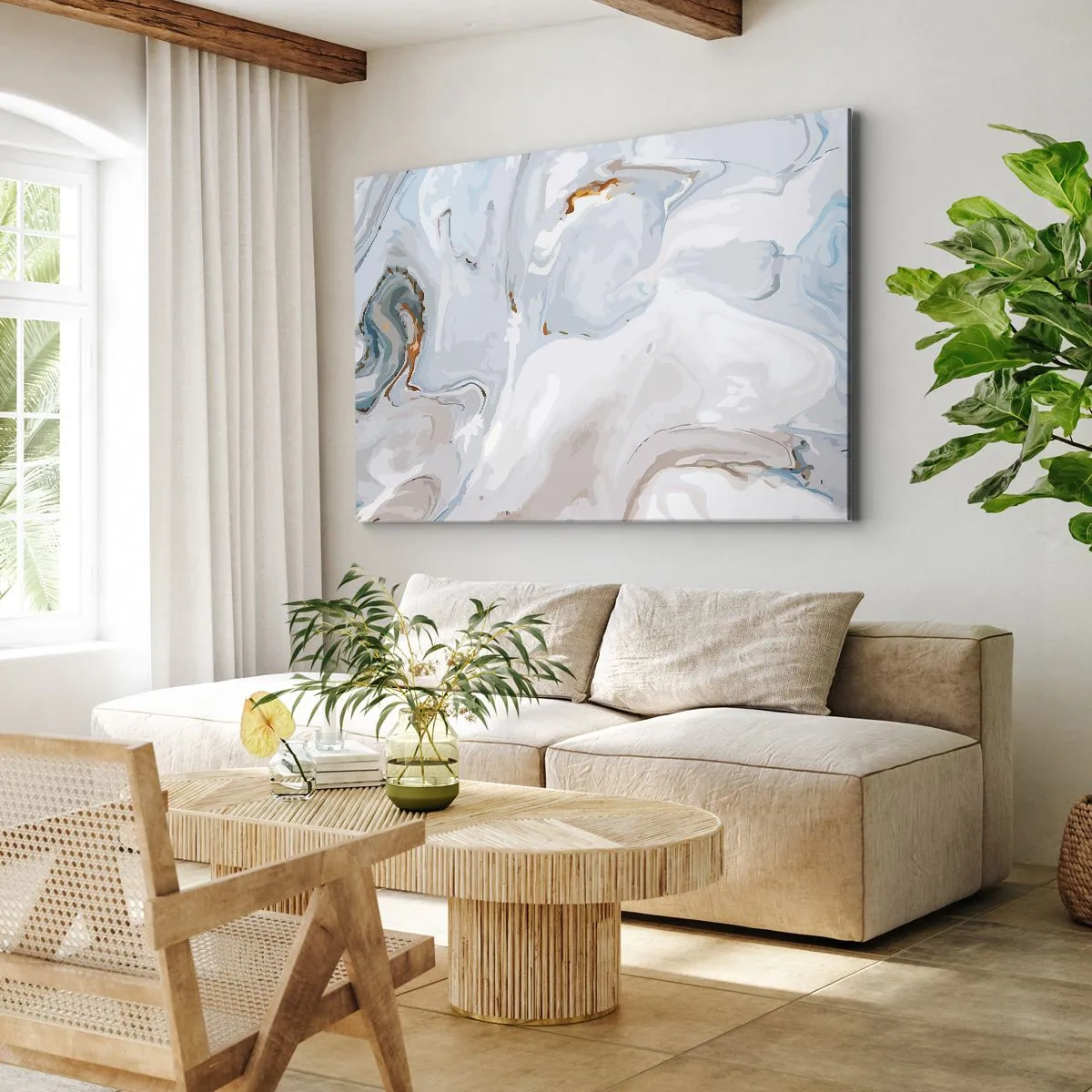 Tablou pe pânză Canvas - Valuri abstracte în nuanțe de albastru și alb - 70x50cm - Albul ridicat - Decorațiune modernă pentru perete pentru living și dormitor ARTTOR
