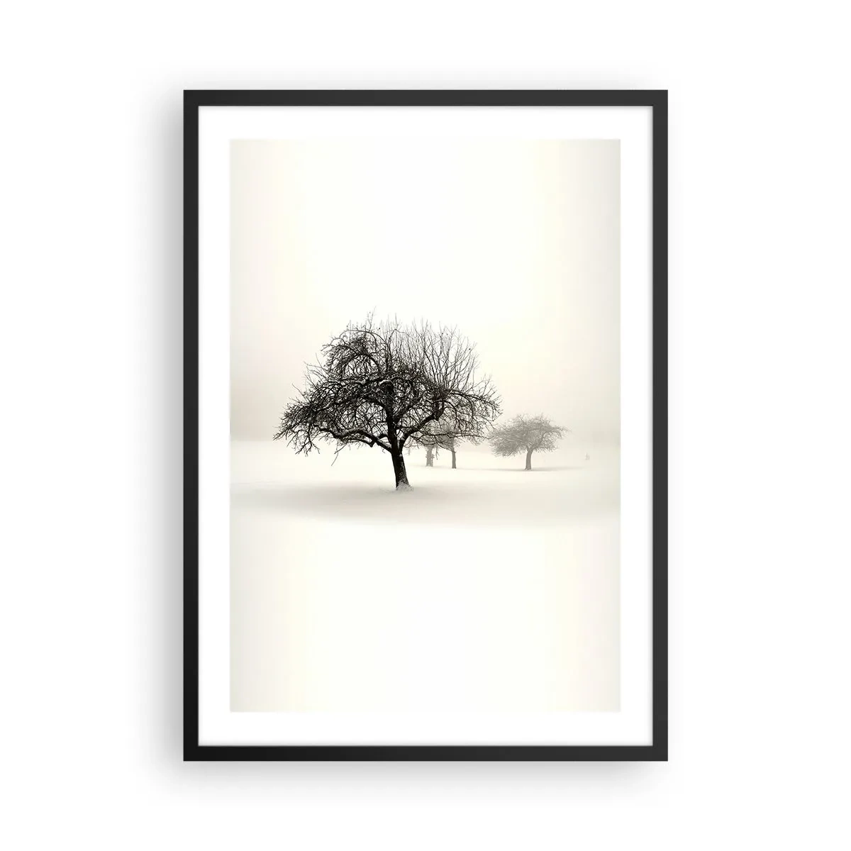 Poster în ramă neagră - Peisaj de iarnă cu copaci singuratici într-un cadru cețos - 50x70cm - Hibernare - Decorațiune modernă pentru perete pentru living și dormitor ARTTOR