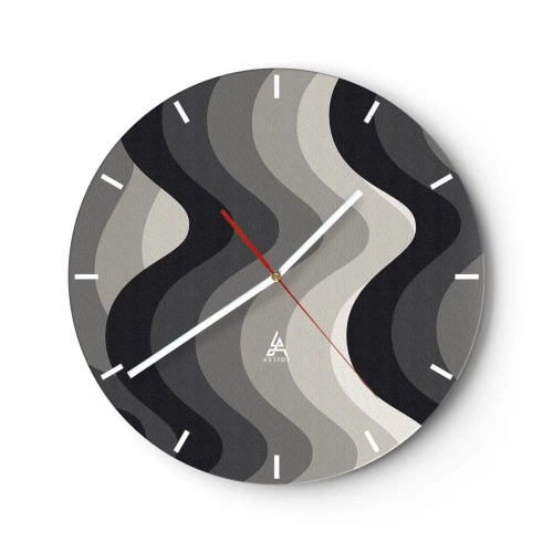 Ceas de perete - Ceas pe sticlă - Dungi ondulate în nuanțe de gri și negru în aspectul grafic - 30x30cm - Val după val - Decorațiune modernă pentru perete pentru living, bucătărie și dormitor ARTTOR