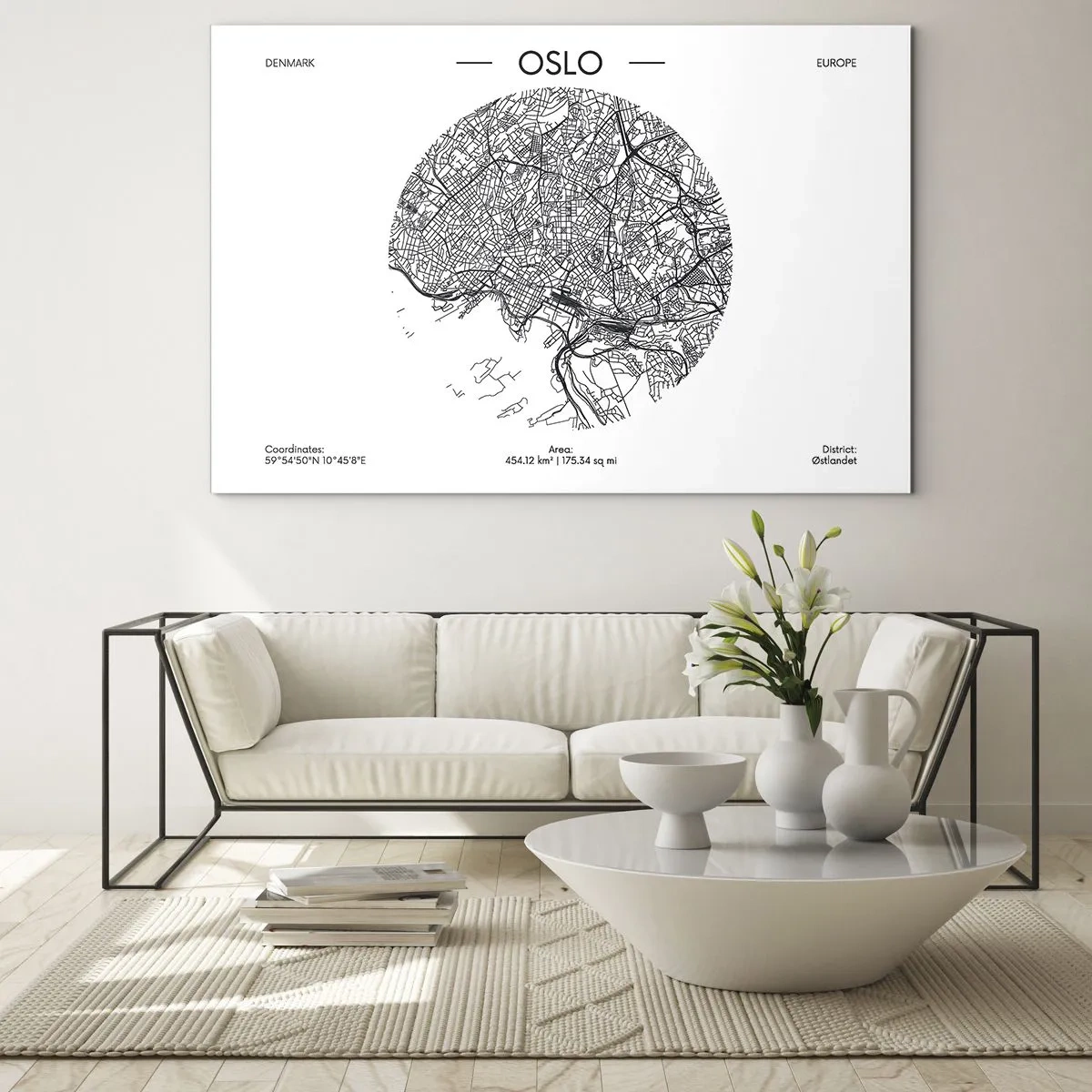 Tablou pe sticlă - Harta orașului Oslo în stil grafic alb-negru - 70x50cm - Anatomia Oslo - Decorațiune modernă pentru perete pentru living și dormitor ARTTOR