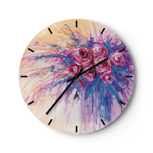 Ceas de perete - Ceas pe sticlă - Buchet de trandafiri abstract într-un stil artistic - 30x30cm - Fântână de trandafiri - Decorațiune modernă pentru perete pentru living, bucătărie și dormitor ARTTOR
