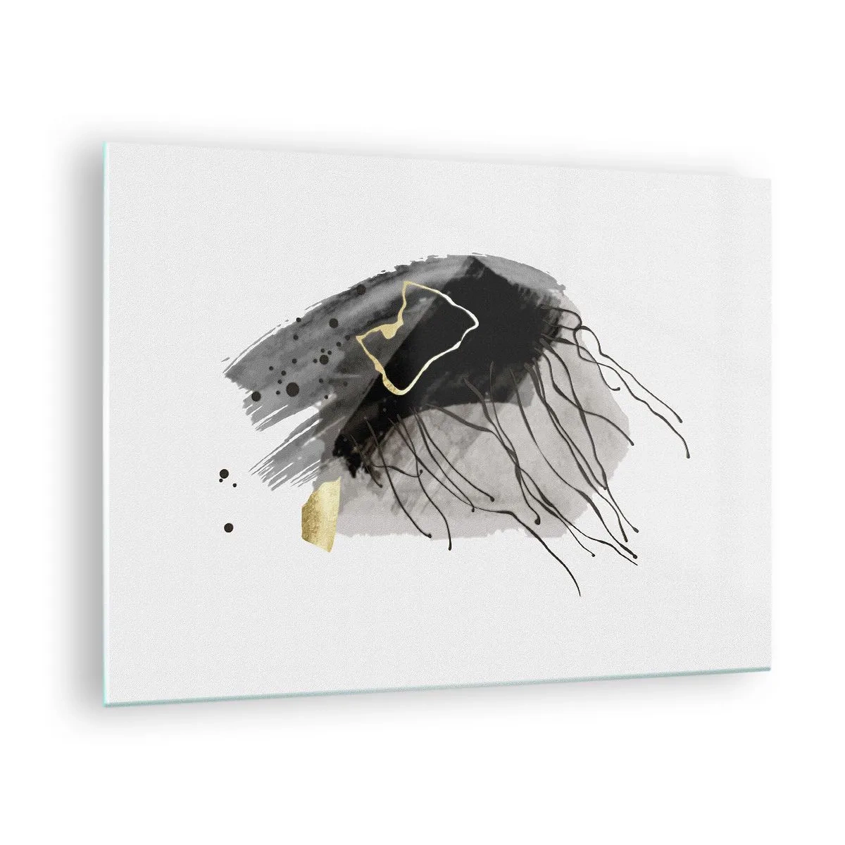 Tablou pe sticlă - Compoziție abstractă de negru și auriu pe fundal alb - 70x50cm - Negru și aur - Decorațiune modernă pentru perete pentru living și dormitor ARTTOR