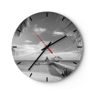 Ceas de perete - Ceas pe sticlă - Un dig alb-negru cu un foișor pe ocean și palmieri în cadru. - 30x30cm - O amintire sau un vis? - Decorațiune modernă pentru perete pentru living, bucătărie și dormitor ARTTOR