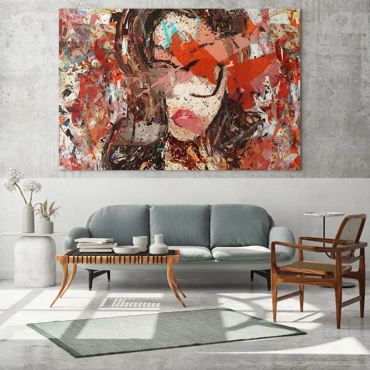 Tablou pe sticlă - Portret abstract al unei femei în nuanțe de roșu și bej - 70x50cm - Chiar nu știe nimeni cum ești tu - Decorațiune modernă pentru perete pentru living și dormitor ARTTOR
