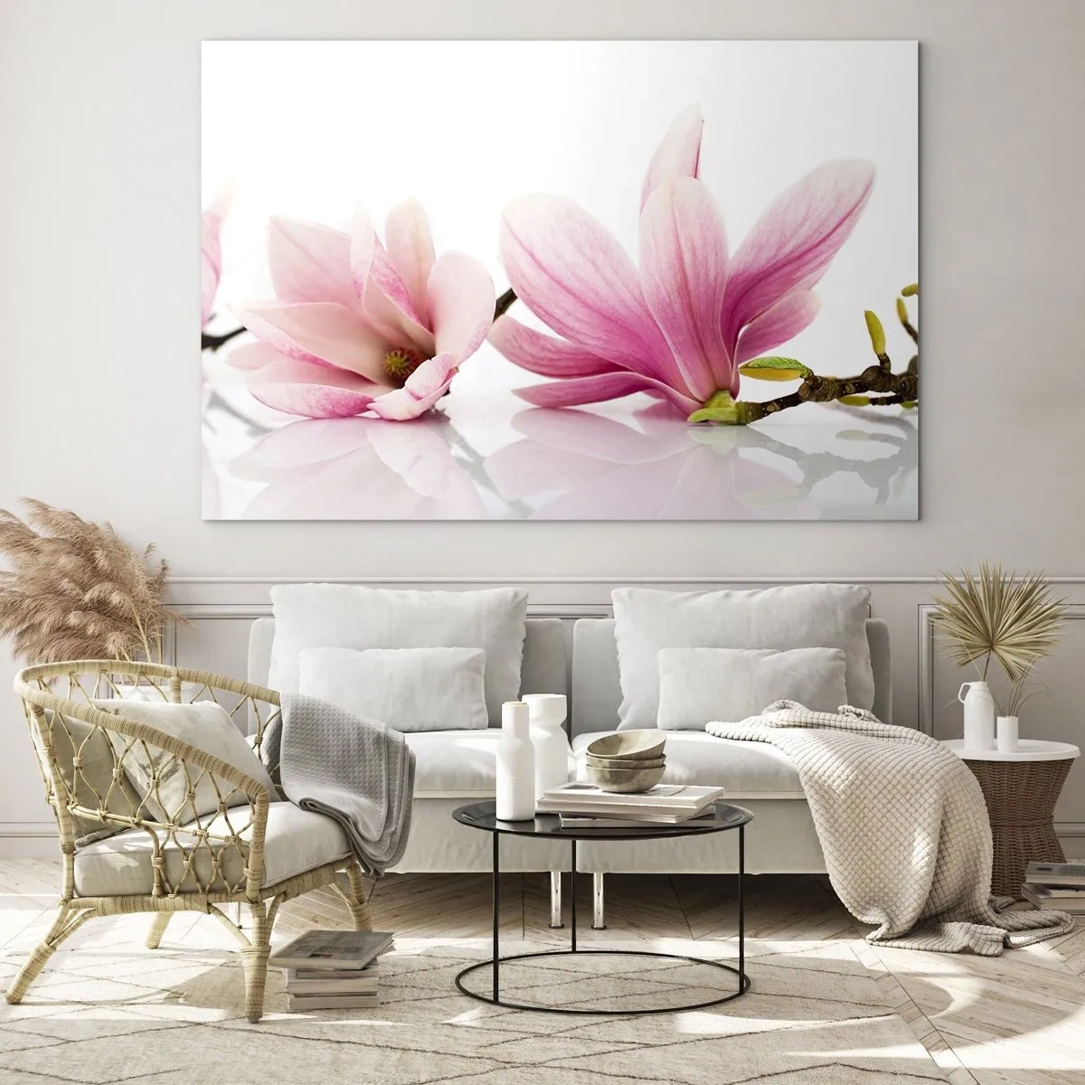 Tablou pe sticlă - Flori delicate de magnolie pe fundal alb - 70x50cm - Delicate ca o adiere de primăvară - Decorațiune modernă pentru perete pentru living și dormitor ARTTOR