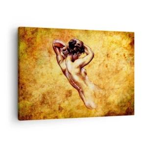 Tablou pe pânză Canvas - Nud feminin artistic pe fundal auriu în stil clasic - 70x50cm - Dezvăluit, dar încă un mister - Decorațiune modernă pentru perete pentru living și dormitor ARTTOR