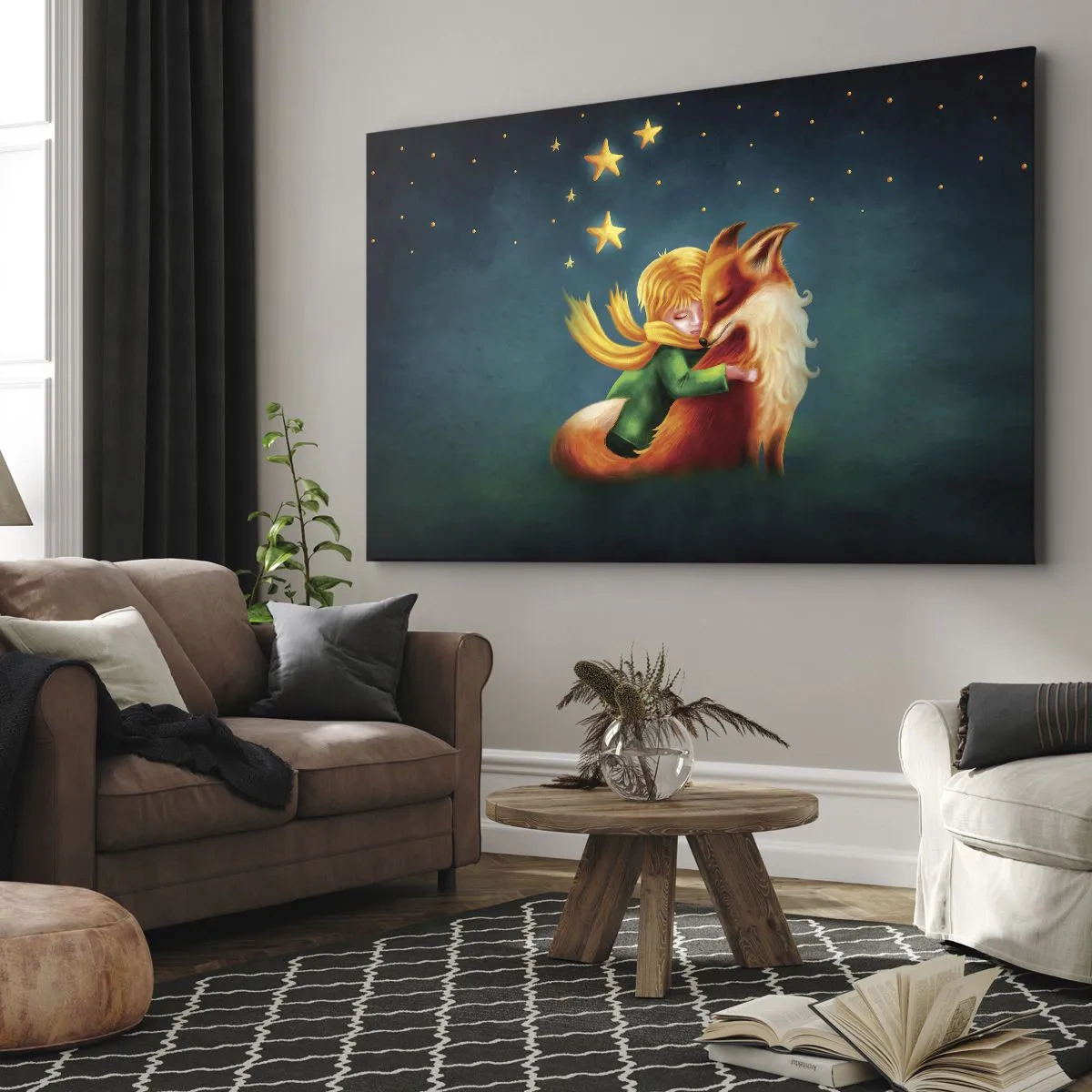 Tablou pe pânză Canvas - Un băiat cu o vulpe într-un decor magic cu stele - 70x50cm - Micul Prinț - Decorațiune modernă pentru perete pentru living și dormitor ARTTOR