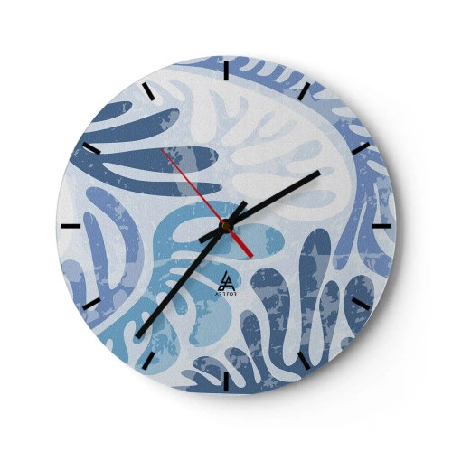 Ceas de perete - Ceas pe sticlă - Forme organice albastre pe un fundal deschis - 30x30cm - Ferigi albastre - Decorațiune modernă pentru perete pentru living, bucătărie și dormitor ARTTOR