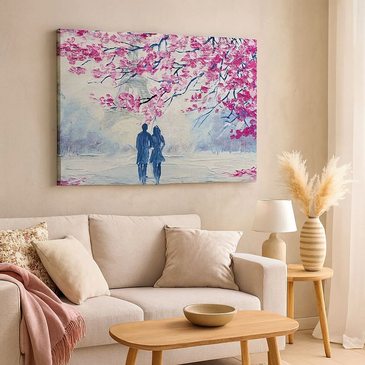 Tablou pe pânză Canvas - Un cuplu sub copaci roz înfloriți într-un cadru romantic - 70x50cm - Plimbare romantică - Decorațiune modernă pentru perete pentru living și dormitor ARTTOR