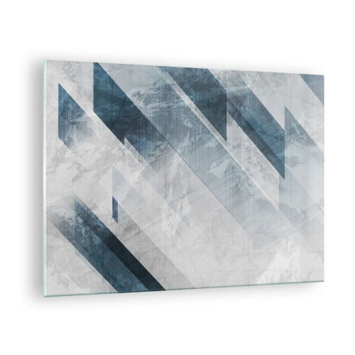 Tablou pe sticlă - Dungi geometrice în nuanțe de gri și bleumarin - 70x50cm - Compoziția spațială - mișcarea griului - Decorațiune modernă pentru perete pentru living și dormitor ARTTOR