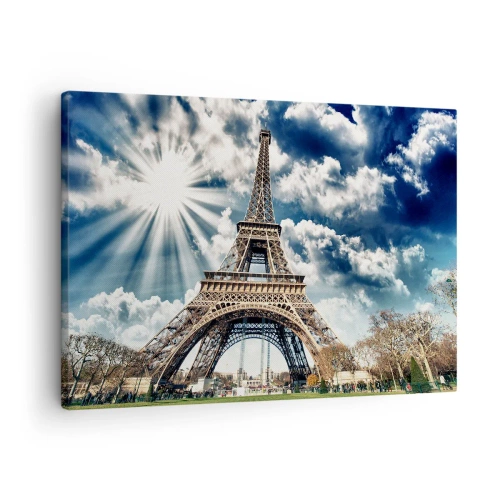 Tablou pe pânză Canvas - Turnul Eiffel pe un cer însorit cu nori - 70x50cm - Singura de acest fel sub soare - Decorațiune modernă pentru perete pentru living și dormitor ARTTOR