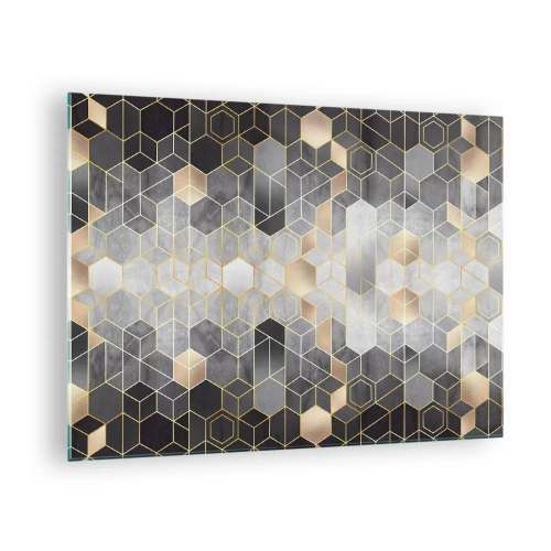 Tablou pe sticlă - Model geometric de hexagoane în linii aurii - 70x50cm - Compoziție diamantată - Decorațiune modernă pentru perete pentru living și dormitor ARTTOR