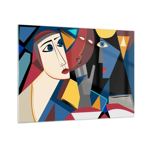 Tablou pe sticlă - Fețe cubiste în culori intense - 70x50cm - Discuția cubiștilor - Decorațiune modernă pentru perete pentru living și dormitor ARTTOR