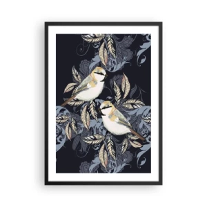 Poster în ramă neagră - Două păsări pe un fundal de frunze decorative și ornamente - 50x70cm - Ciripirile galben-albastru - Decorațiune modernă pentru perete pentru living și dormitor ARTTOR
