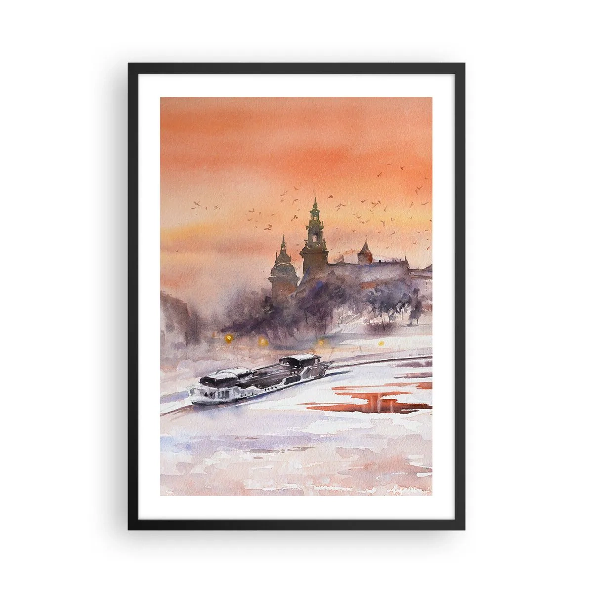 Poster în ramă neagră - Apus de soare pe un peisaj urban în acuarelă - 50x70cm - Apus de soare regal - Decorațiune modernă pentru perete pentru living și dormitor ARTTOR
