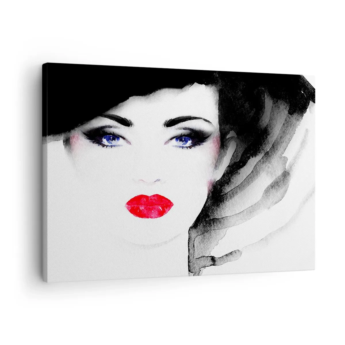 Tablou pe pânză Canvas - Portretul unei femei cu buze roșii și ochi albaștri intensi - 70x50cm - Respinge și cheamă - Decorațiune modernă pentru perete pentru living și dormitor ARTTOR