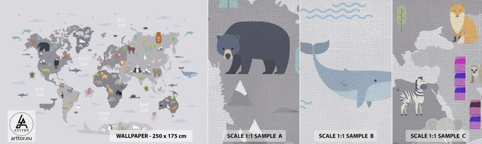 Mostră tapet Premium Canvas - Spune-mi de unde ești... - Harta lumii, Animale, Continente - 100x30 cm