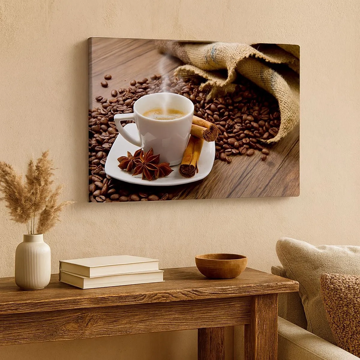 Tablou pe pânză Canvas - O ceașcă de cafea cu scorțișoară și anason pe un fundal de boabe de cafea - 70x50cm - Gust și aromă de mirodenii - Decorațiune modernă pentru perete pentru living și dormitor ARTTOR