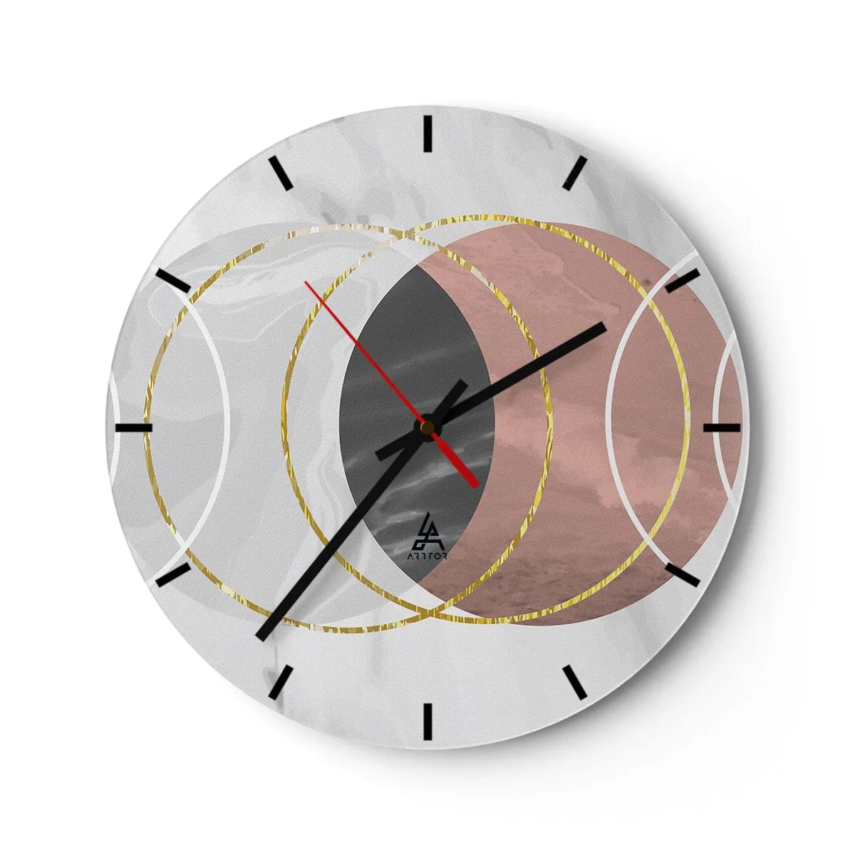 Ceas de perete - Ceas pe sticlă - Cercuri geometrice în nuanțe de gri și cupru cu accente aurii - 30x30cm - Muzica sferelor - Decorațiune modernă pentru perete pentru living, bucătărie și dormitor ARTTOR