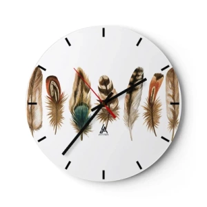 Ceas de perete - Ceas pe sticlă - Pene colorate într-un aranjament artistic - 30x30cm - Variație cu pene - Decorațiune modernă pentru perete pentru living, bucătărie și dormitor ARTTOR