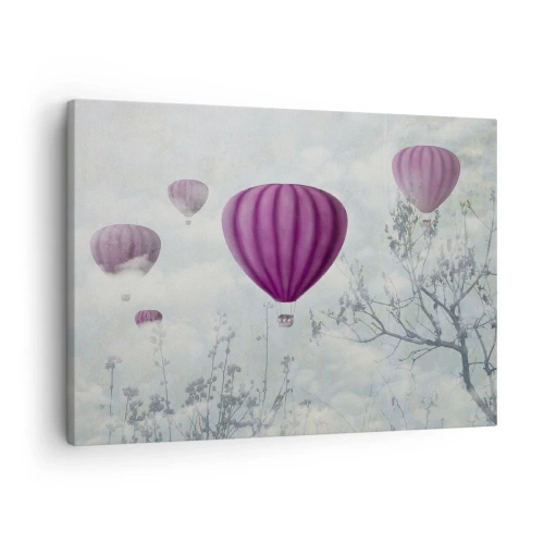 Tablou pe pânză Canvas - Baloane mov plutind deasupra copacilor în nori - 70x50cm - Ca niște nave pe cer - Decorațiune modernă pentru perete pentru living și dormitor ARTTOR