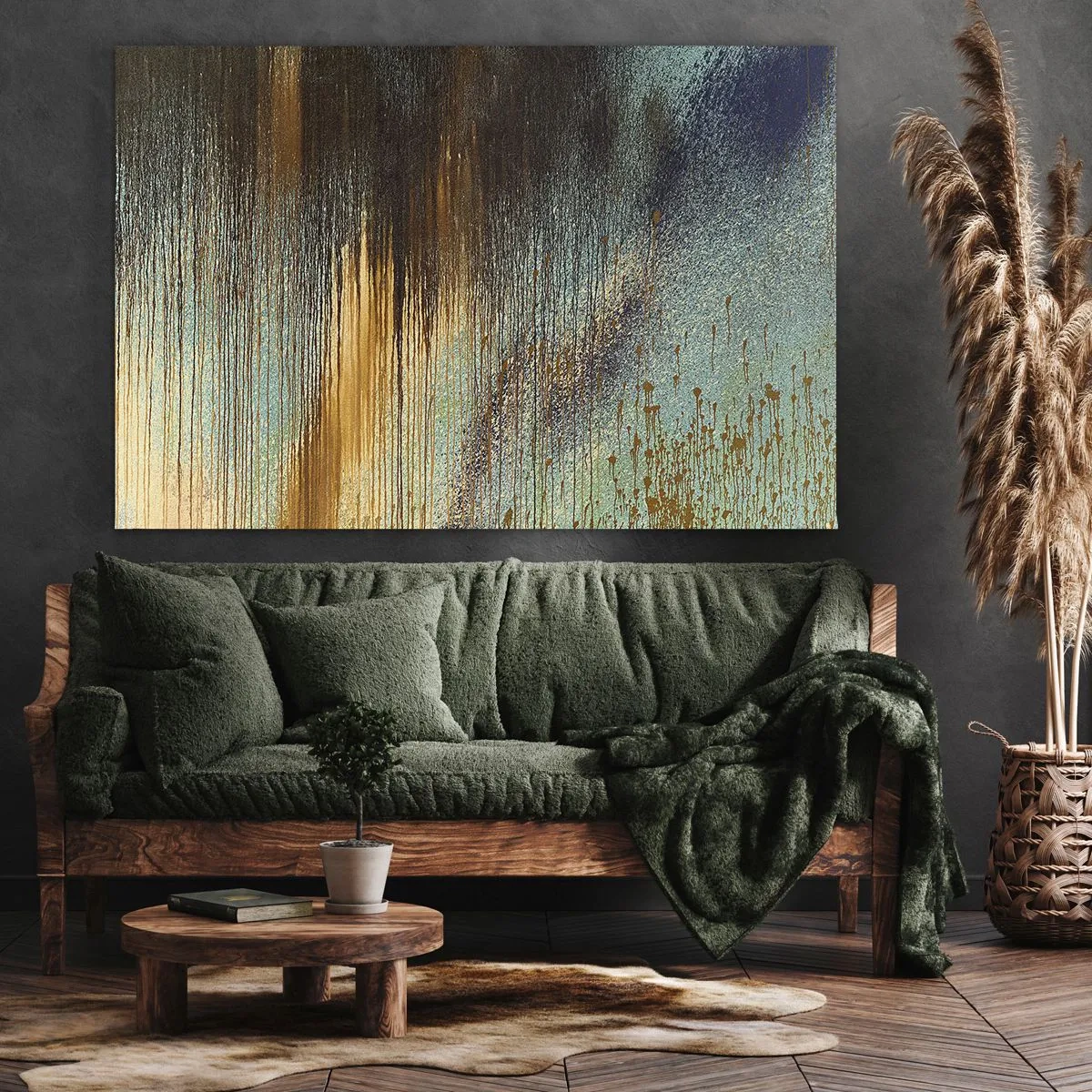 Tablou pe pânză Canvas - O compoziție abstractă de culori în nuanțe de auriu, maro și albastru. - 70x50cm - O compoziție cromatică neaccidentală - Decorațiune modernă pentru perete pentru living și dormitor ARTTOR
