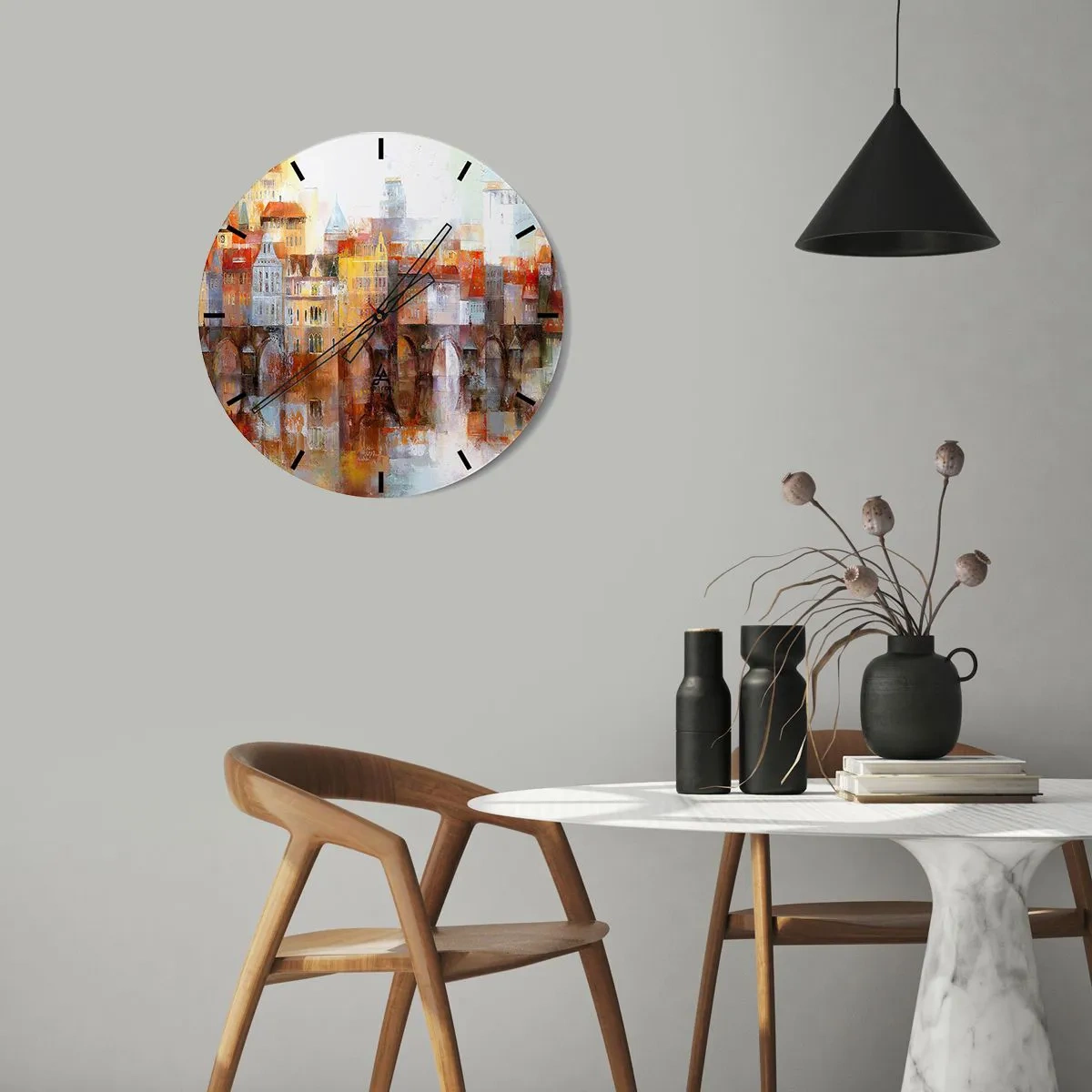 Ceas de perete - Ceas pe sticlă - Un oraș pitoresc cu un pod și o reflexie în apă - 30x30cm - Frumos și sub pod - Decorațiune modernă pentru perete pentru living, bucătărie și dormitor ARTTOR
