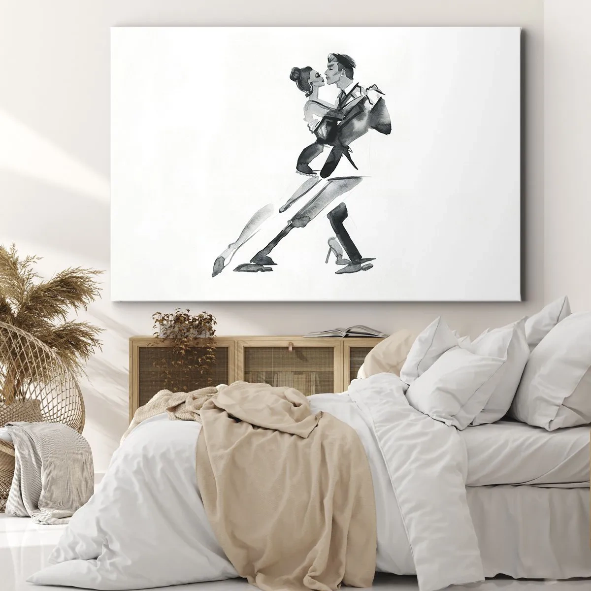 Tablou pe pânză Canvas - O ilustrație subtilă a unui cuplu dansând într-un stil monocromatic. - 70x50cm - Într-un ritm - Decorațiune modernă pentru perete pentru living și dormitor ARTTOR