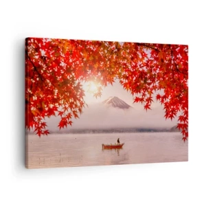 Tablou pe pânză Canvas - O barcă pe un lac înconjurată de frunze roșii de arțar - 70x50cm - În stil japonez - Decorațiune modernă pentru perete pentru living și dormitor ARTTOR