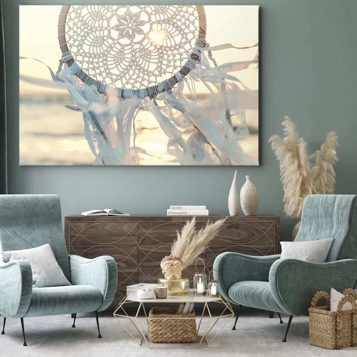 Tablou pe pânză Canvas - Un delicat captator de vise pe fundalul soarelui care apune - 70x50cm - Totem de dantelă - Decorațiune modernă pentru perete pentru living și dormitor ARTTOR