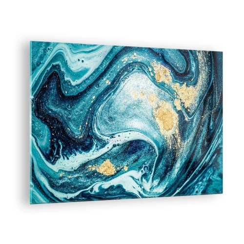 Tablou pe sticlă - Vârtejuri abstracte în nuanțe de turcoaz și auriu - 70x50cm - Vârtej albastru - Decorațiune modernă pentru perete pentru living și dormitor ARTTOR
