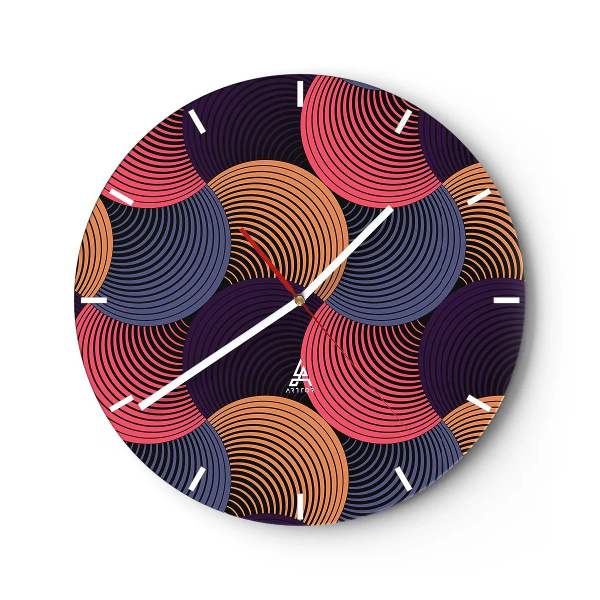 Ceas de perete - Ceas pe sticlă - Cercuri concentrice colorate într-un aranjament dinamic - 30x30cm - Într-un ritm de cerc - Decorațiune modernă pentru perete pentru living, bucătărie și dormitor ARTTOR