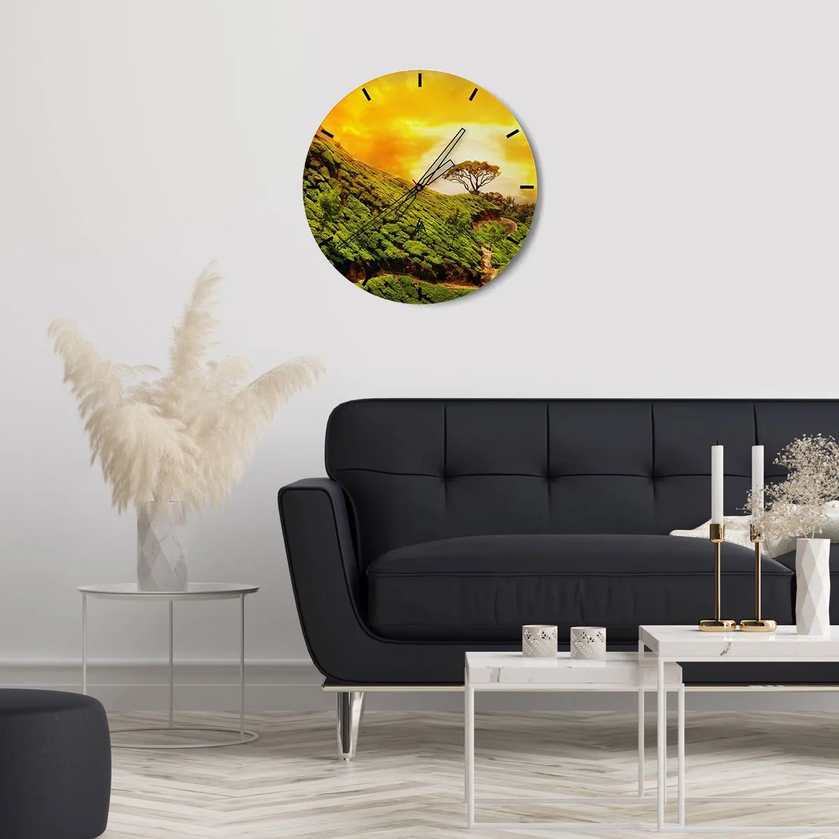 Ceas de perete - Ceas pe sticlă - Dealuri verzi în razele soarelui apus - 30x30cm - O cărare sinuoasă, o pantă verde - Decorațiune modernă pentru perete pentru living, bucătărie și dormitor ARTTOR