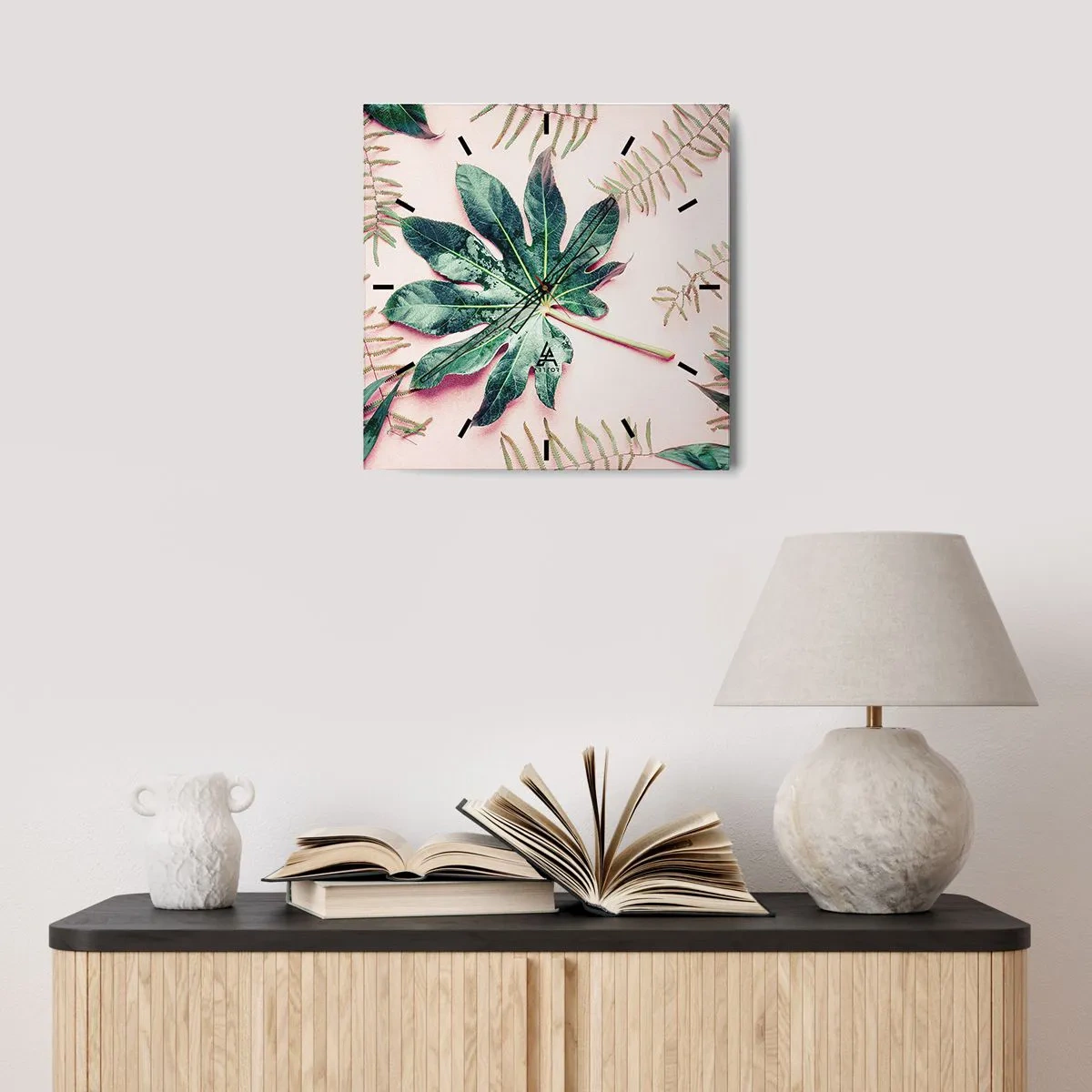 Ceas de perete - Ceas pe sticlă - Studiu de verdeață pe un fundal roz - 30x30 cm